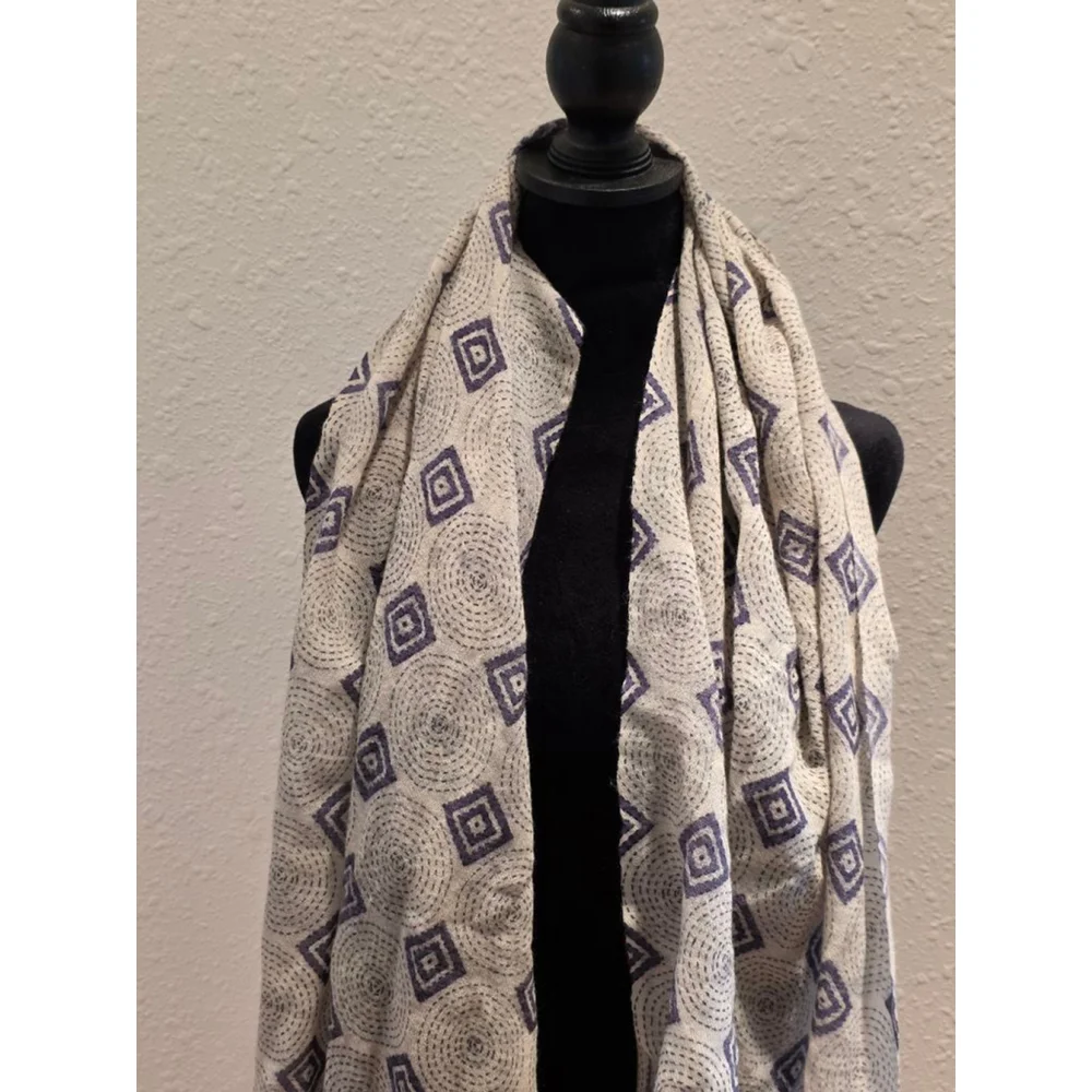 Women's YARGICI Beige & Blue Patterned Wool Scarf One Size - Picture 1 of 7